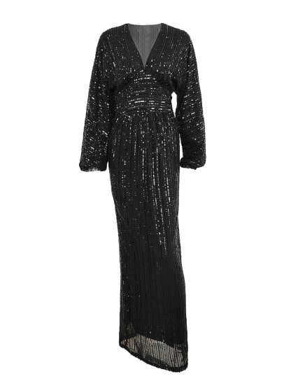 Sequin Long Sleeve V-Neck Maxi Dress
