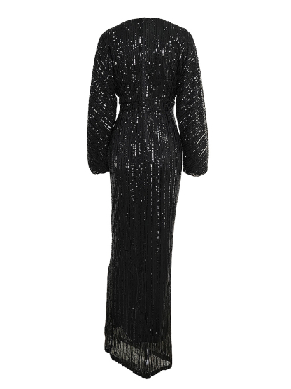 Sequin Long Sleeve V-Neck Maxi Dress
