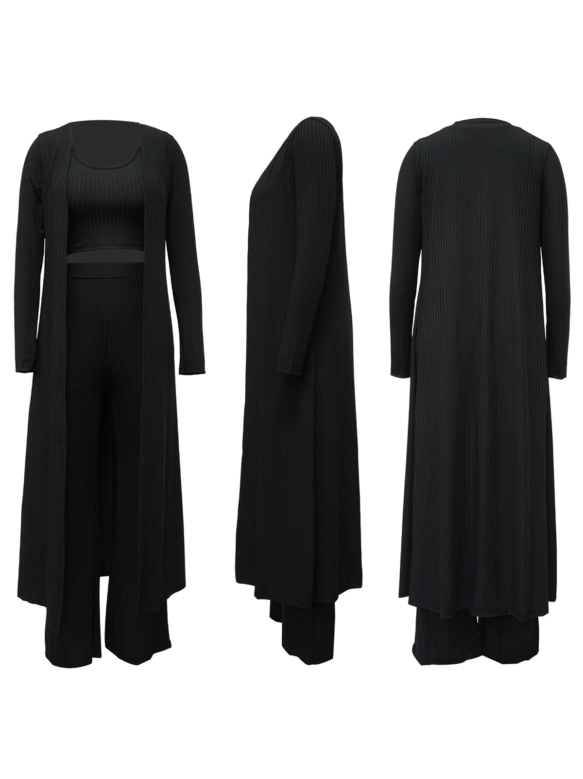 Three Pieces Set Crop Top Long Kimono Cardigan Pants