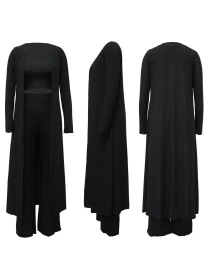Three Pieces Set Crop Top Long Kimono Cardigan Pants