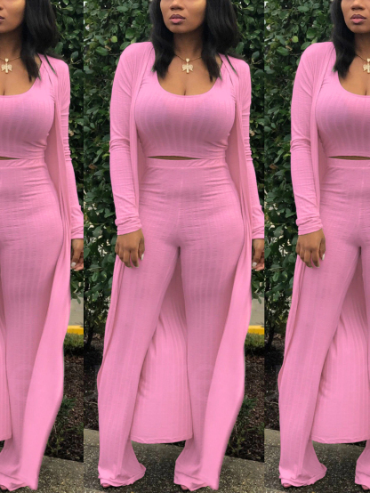 Three Pieces Set Crop Top Long Kimono Cardigan Pants
