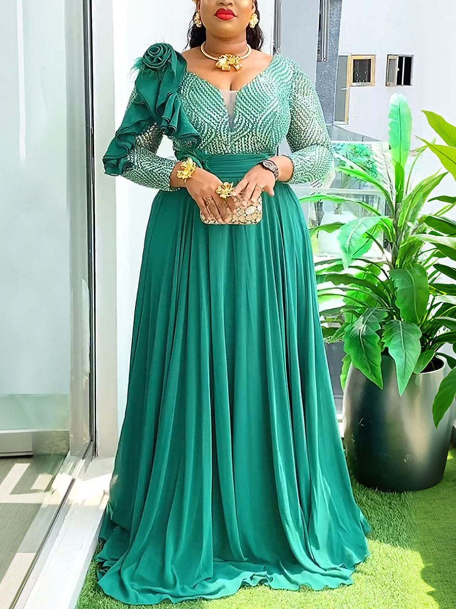 Plus Size Sequin Chiffon Floral Maxi Dress | Elegant Evening Gown
