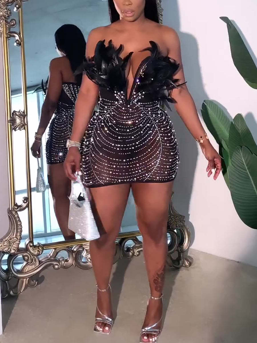 Strapless Feather Rhinestone Mini Dress | Clubwear Party Look