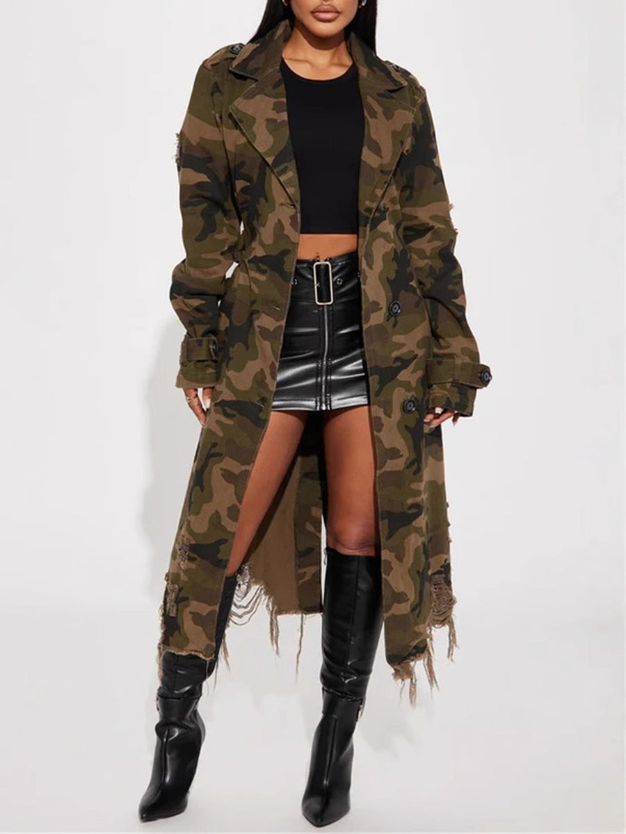 Distressed Camouflage Long Trench Coat