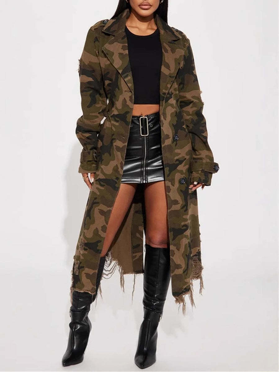 Distressed Camouflage Long Trench Coat