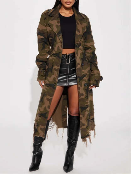 Distressed Camouflage Long Trench Coat