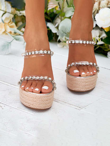 Rhinestone Transparent Strap Wedge Sandals