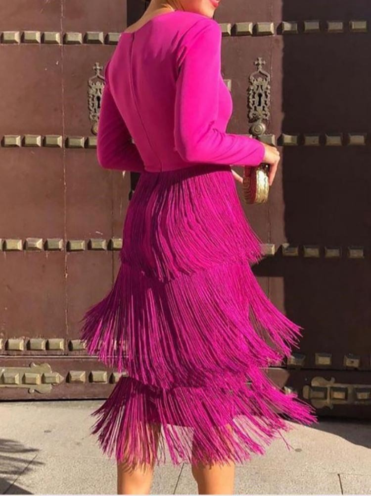 Tassels Long Sleeve Mesh Patchwork Midi Dress