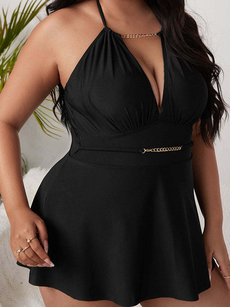 Plus Size Sleeveless Halter Chian Backless Swimsuits | Swimsuits