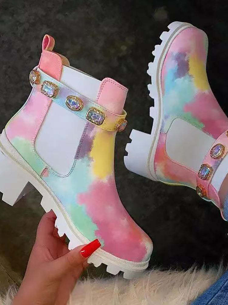 Rhinestone Buckle Platform Chelsea Ankle Boots | Fall Winter Boots