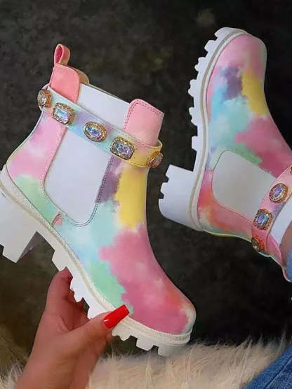 Rhinestone Buckle Platform Chelsea Ankle Boots