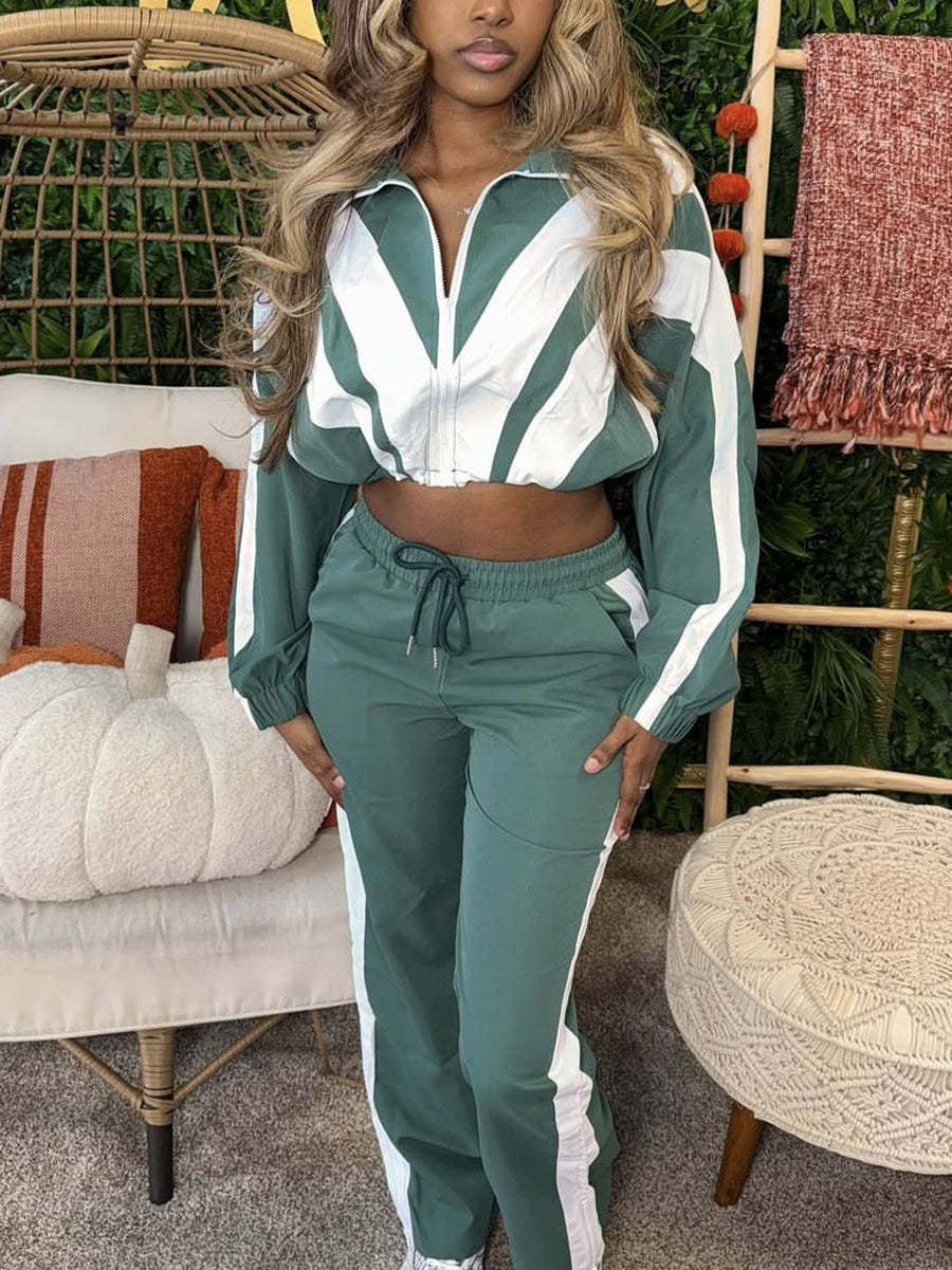 Stylish Patchwork Crop Top & High Waist Set | Trendy Two-Piece Outfit