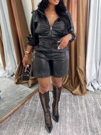 Hooded PU Leather Jacket Shorts Set