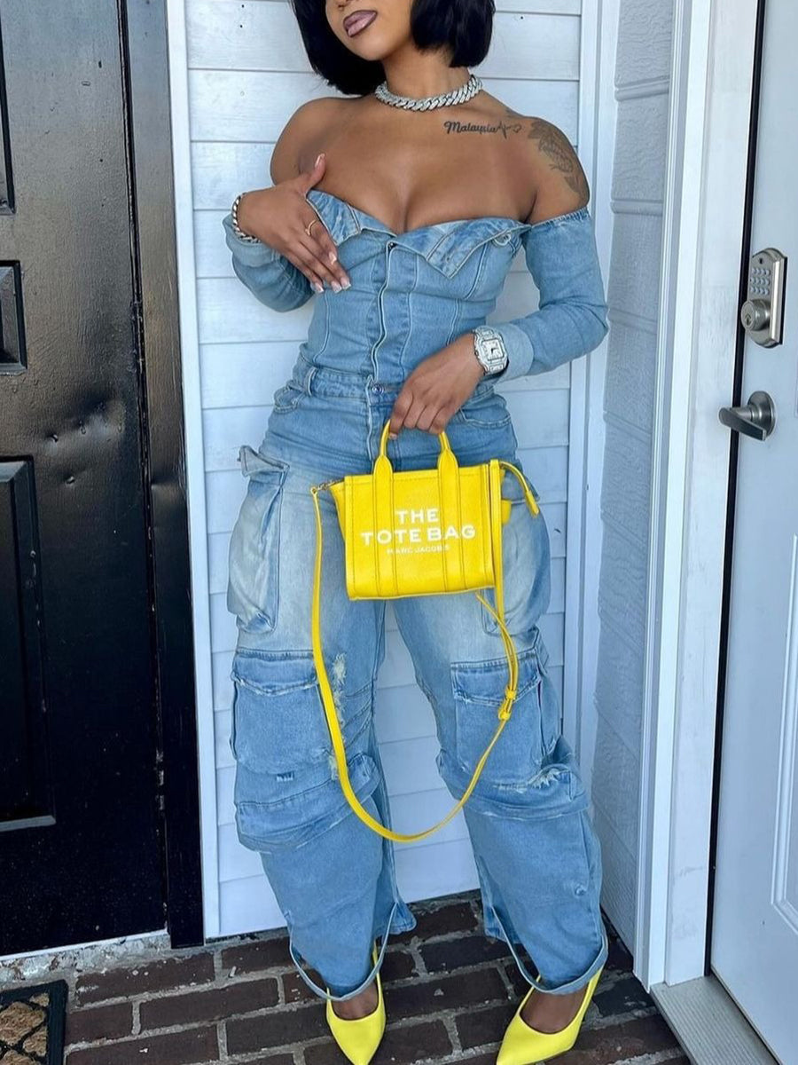 Off-Shoulder Pockets Denim Jumpsuit