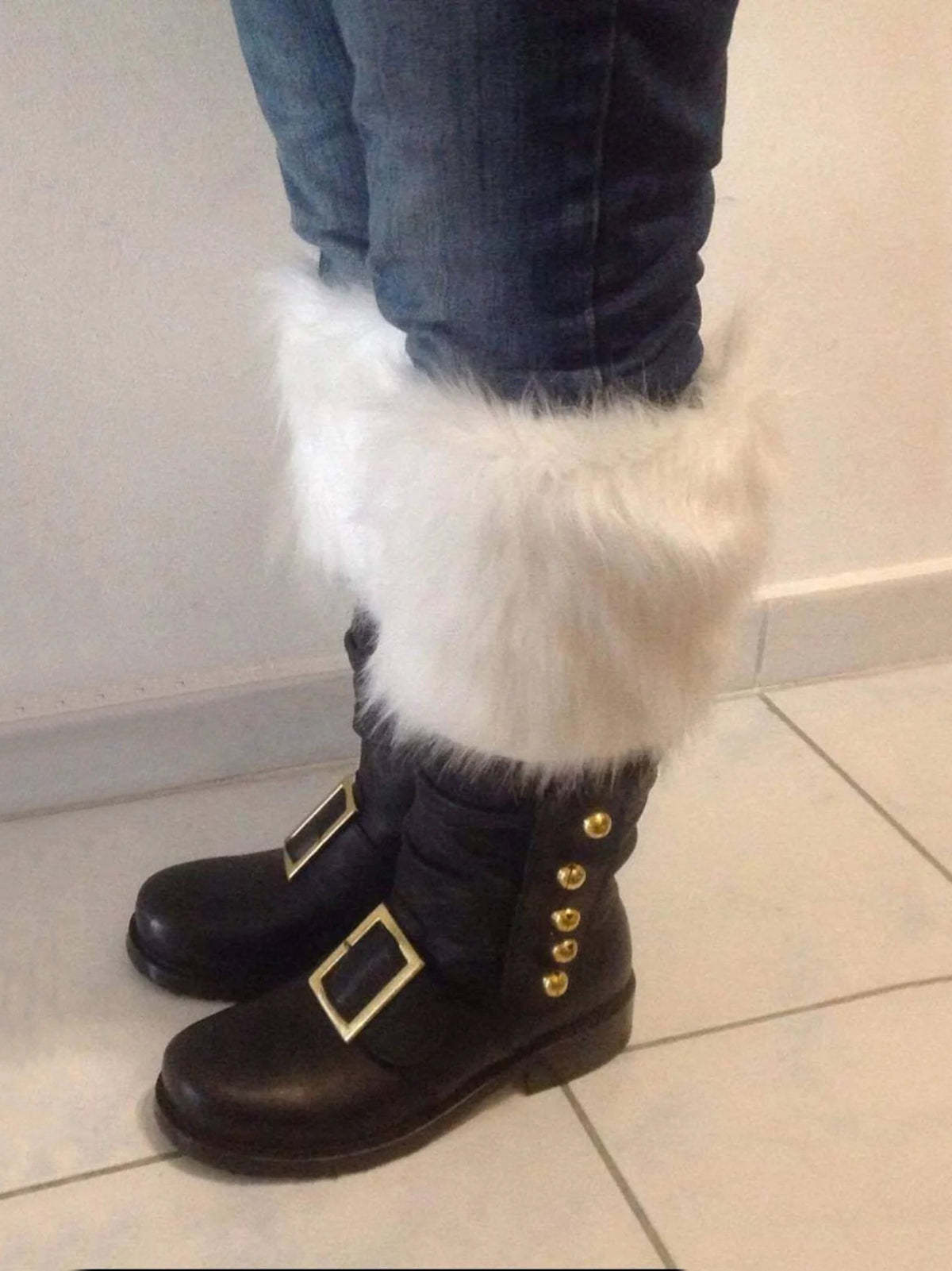 Fur Trim Buckles Bell Decor Santa Boots