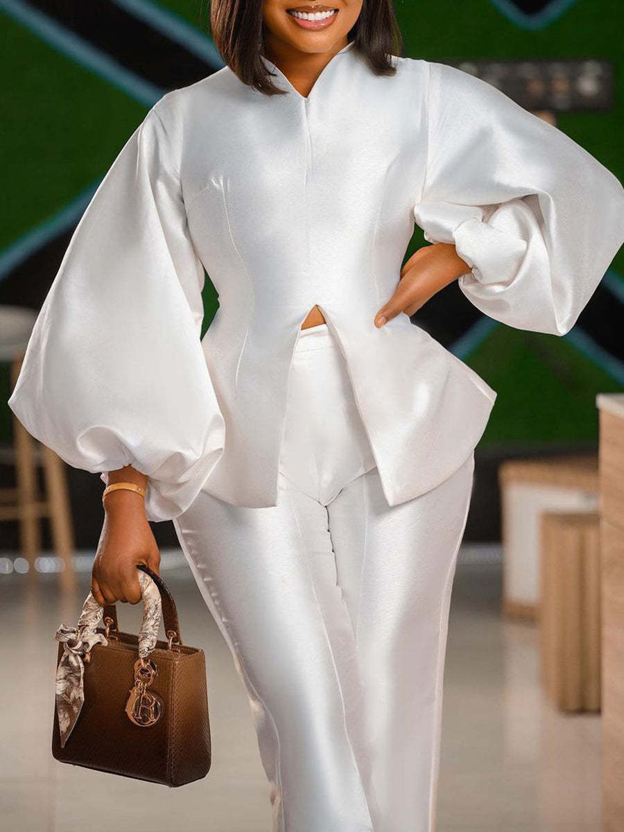 Puff Sleeve Slit Top Pants Set