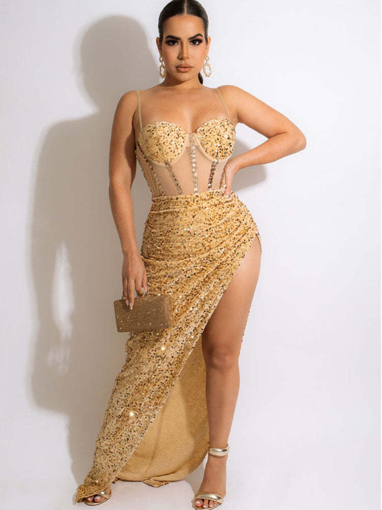 Sequins Sleeveless Split Maxi Dress