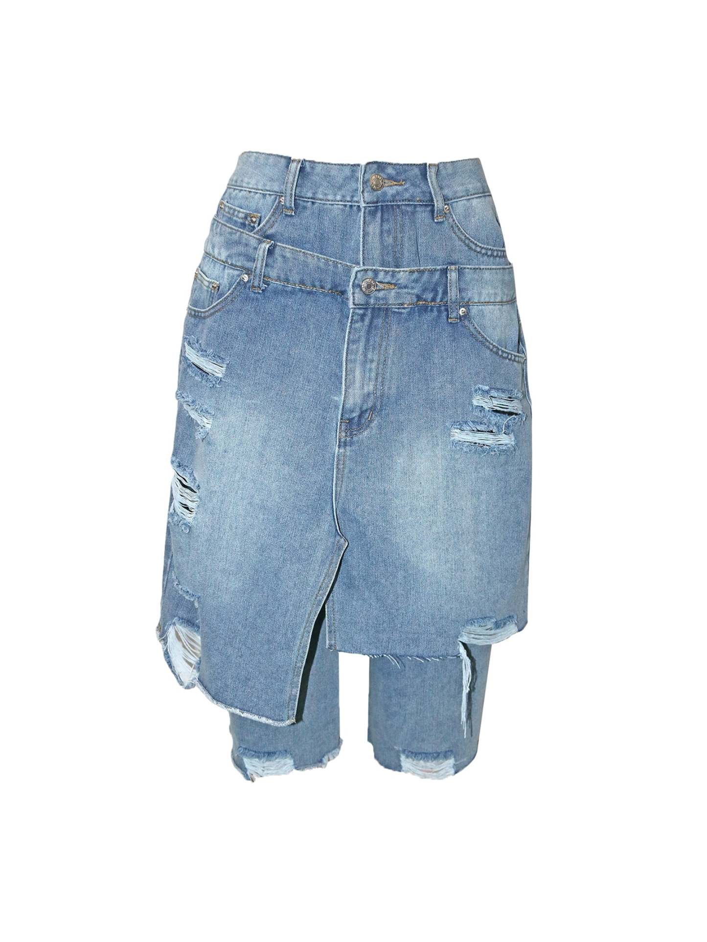 Asymmetrical Distressed Denim Capri Pants