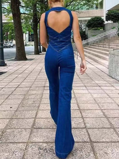 Sleeveless Zip Heart Cutout Denim Jumpsuit