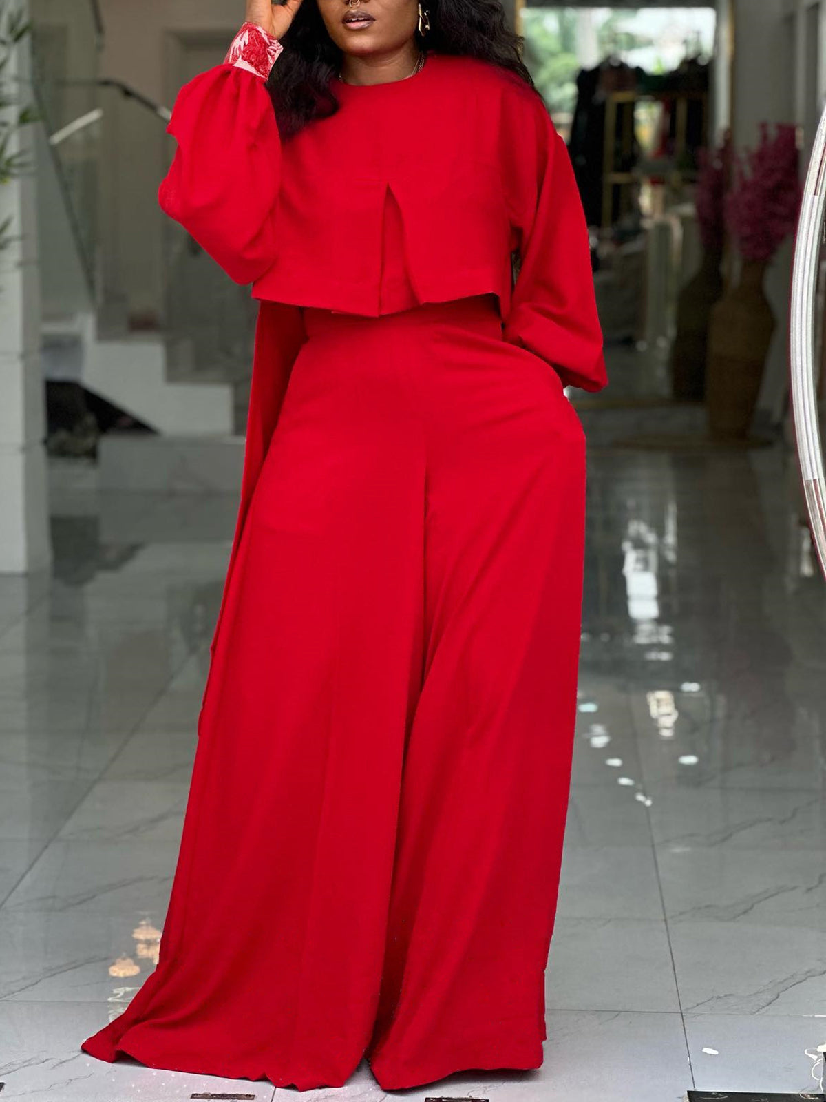 Plus Size Lantern Sleeve Wide Leg Pants Set