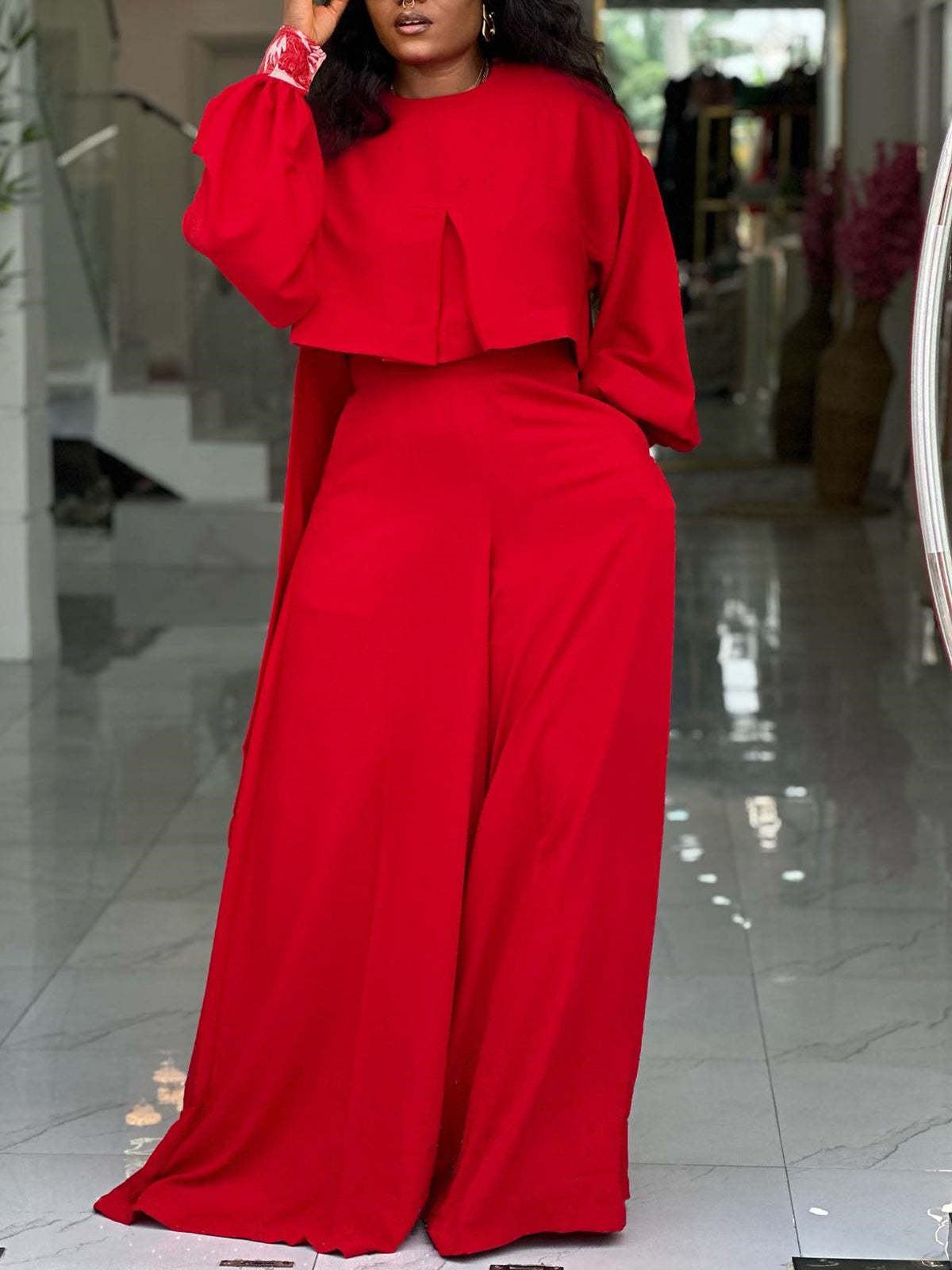 Plus Size Lantern Sleeve Wide Leg Pants Set