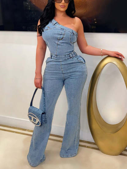 Asymmetrical Shoulder Denim Jumpsuit