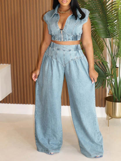 Two Pieces Sleeveless Denim Pants Set