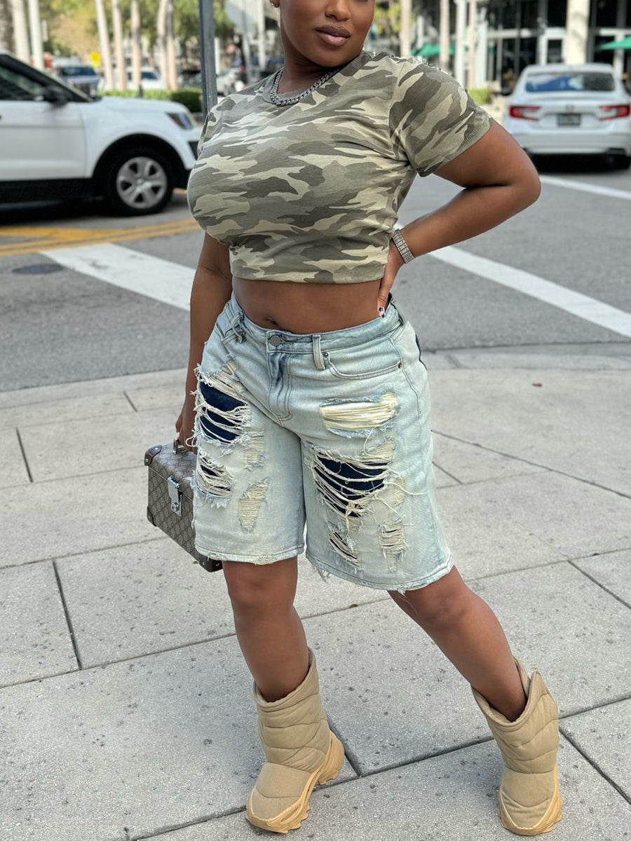 Distressed Patchwork Denim Shorts