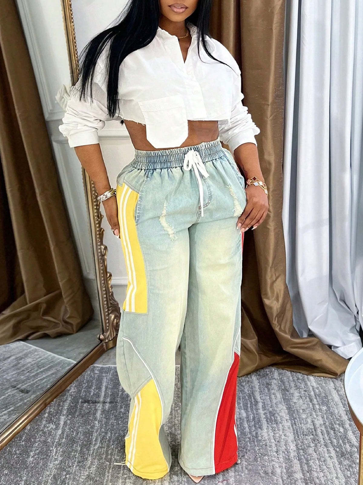 Drawstring High Waist Color Block Jeans