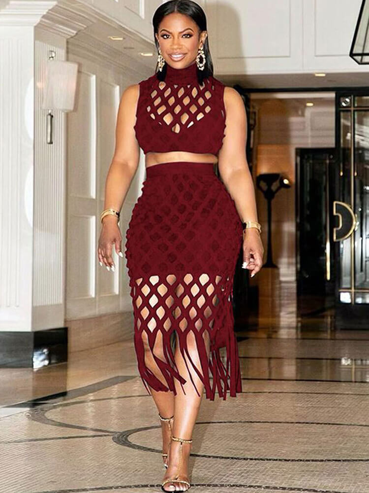 Two Piece Sleeveless Hollow Out Top & Tassel Midi Skirts | Skirt Suits