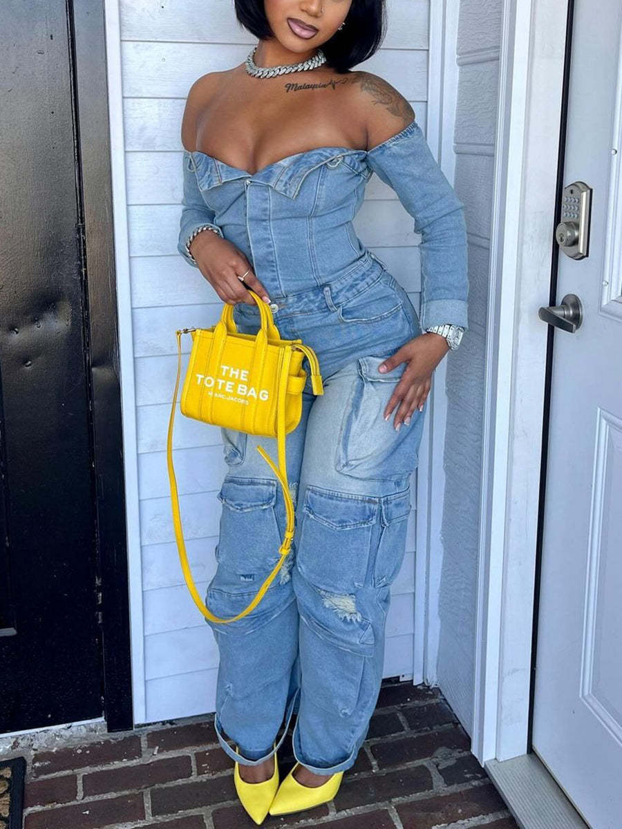 Off-Shoulder Pockets Denim Jumpsuit