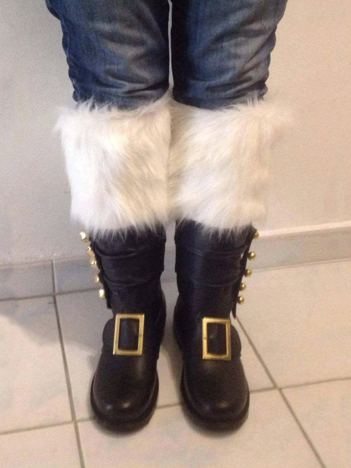 Fur Trim Buckles Bell Decor Santa Boots