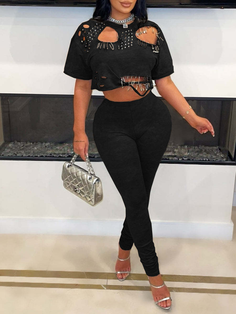 Cut-Out Stud Pin T-Shirt Pant Set