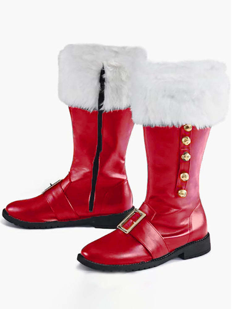 Fur Trim Buckles Bell Decor Santa Boots