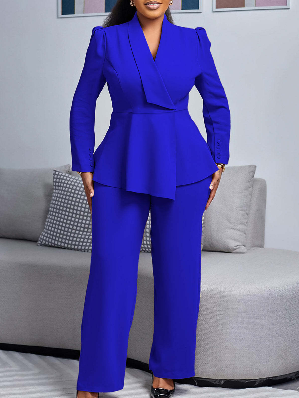 Tailored Lapel Peplum Blazer Pants Set