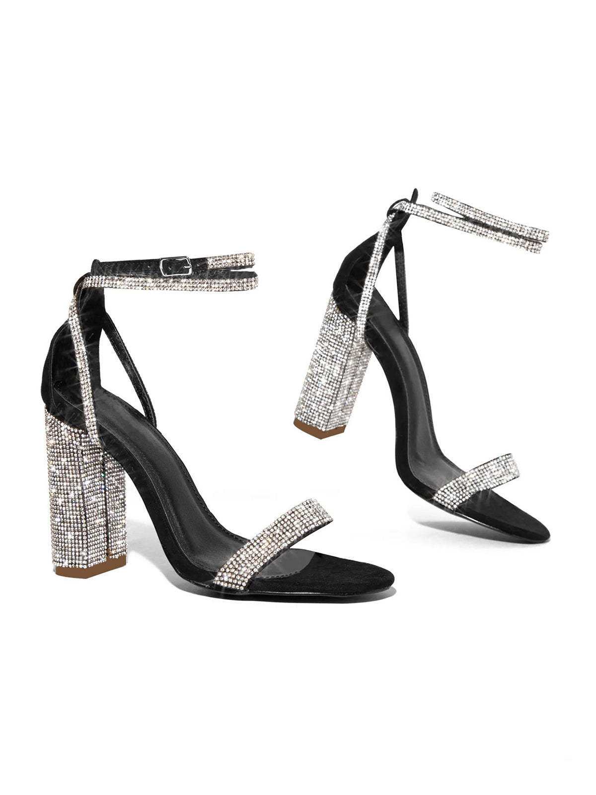 Rhinestone Ankle Strap Block Heel Sandals