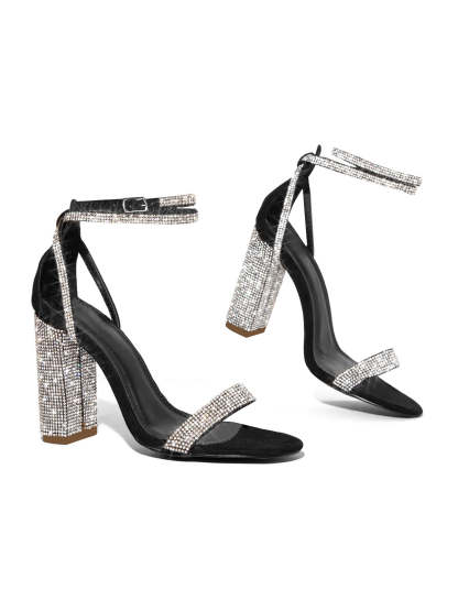 Rhinestone Ankle Strap Block Heel Sandals