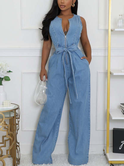 Sleeveless Tie-Waist Denim Jumpsuit
