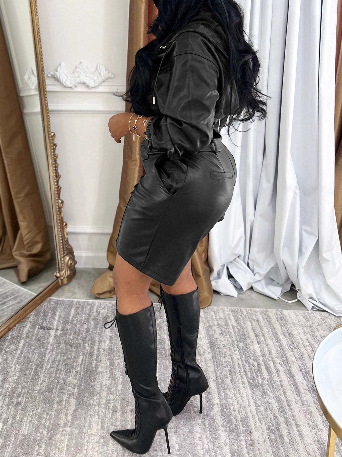 Hooded PU Leather Jacket Shorts Set