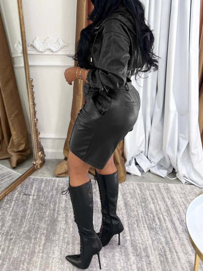 Hooded PU Leather Jacket Shorts Set