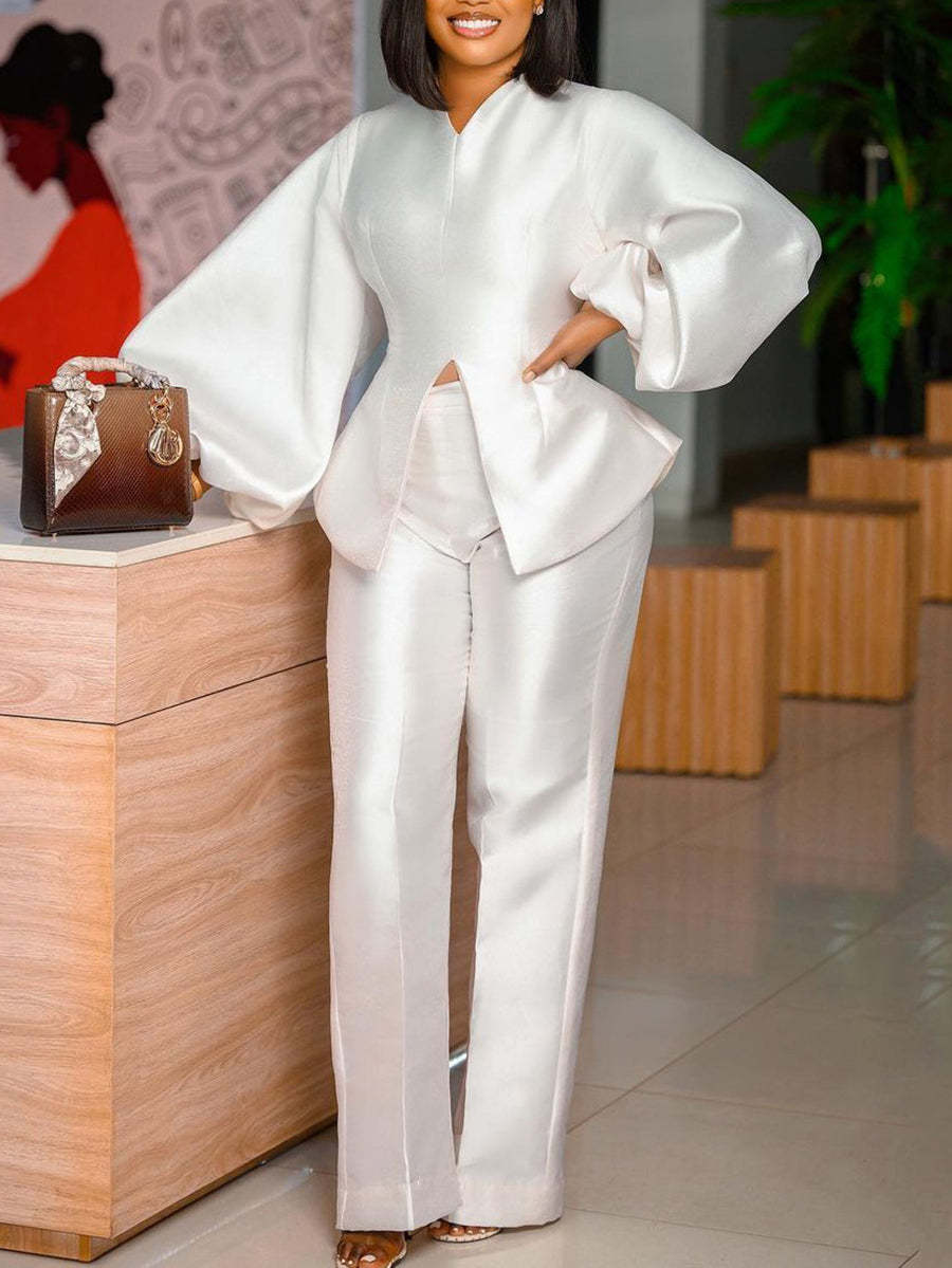 Elegant Puff Sleeve Slit Top Pants Set | Office Lady Workwear