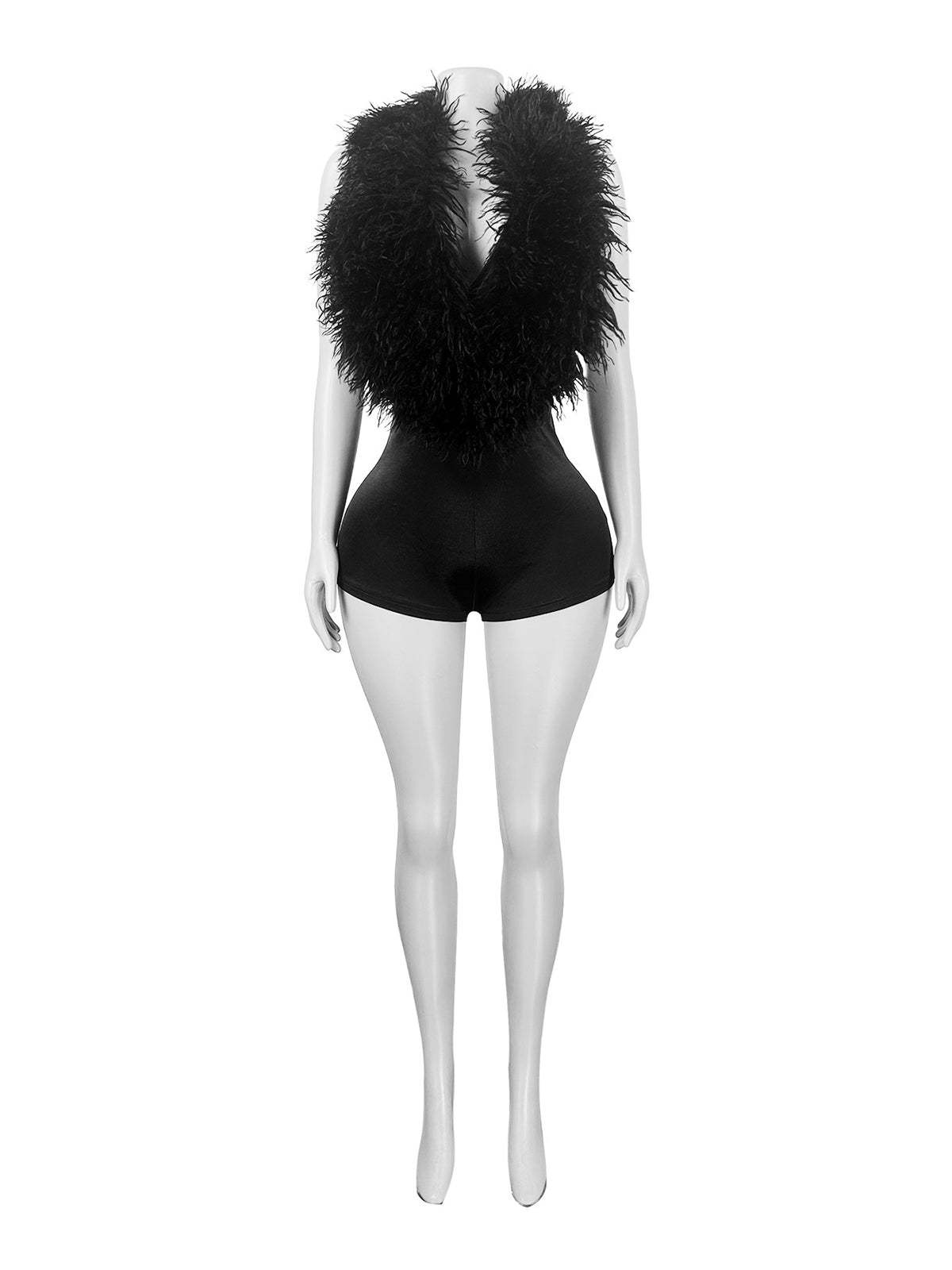 Backless Halter Faux Fur Trim Romper