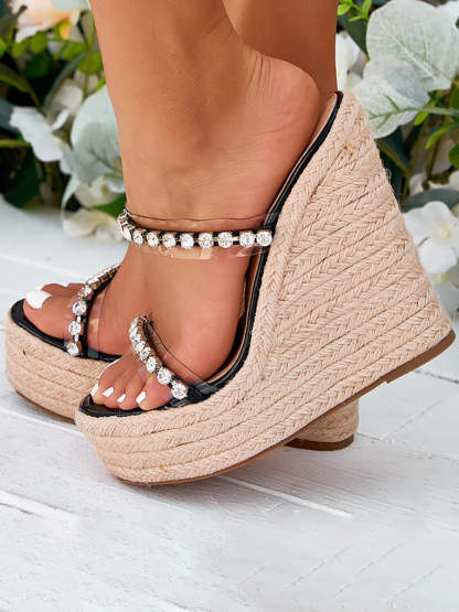 Rhinestone Transparent Strap Wedge Sandals