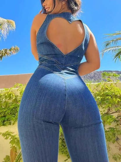 Sleeveless Zip Heart Cutout Denim Jumpsuit