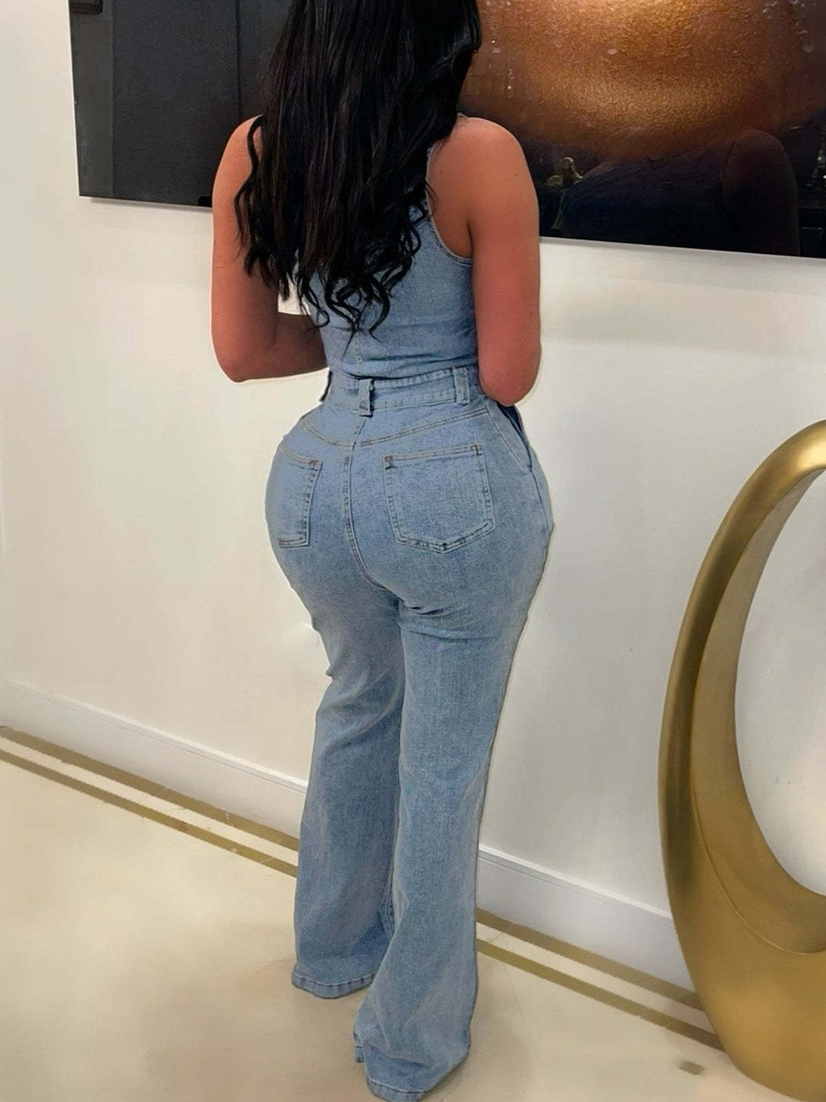 Asymmetrical Shoulder Denim Jumpsuit