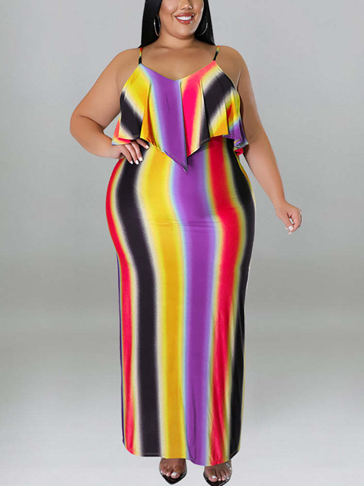 Plus Size Ruffle Strap Rainbow Stripe Print Dress