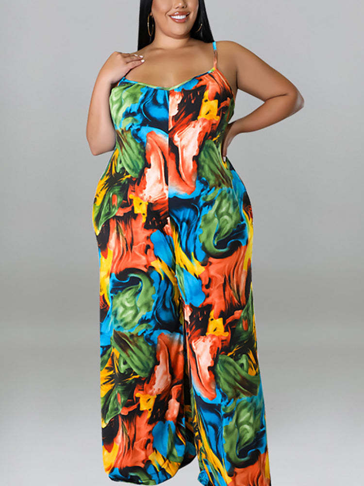 Plus Size Floral Print Strap Jumpsuit with Belt