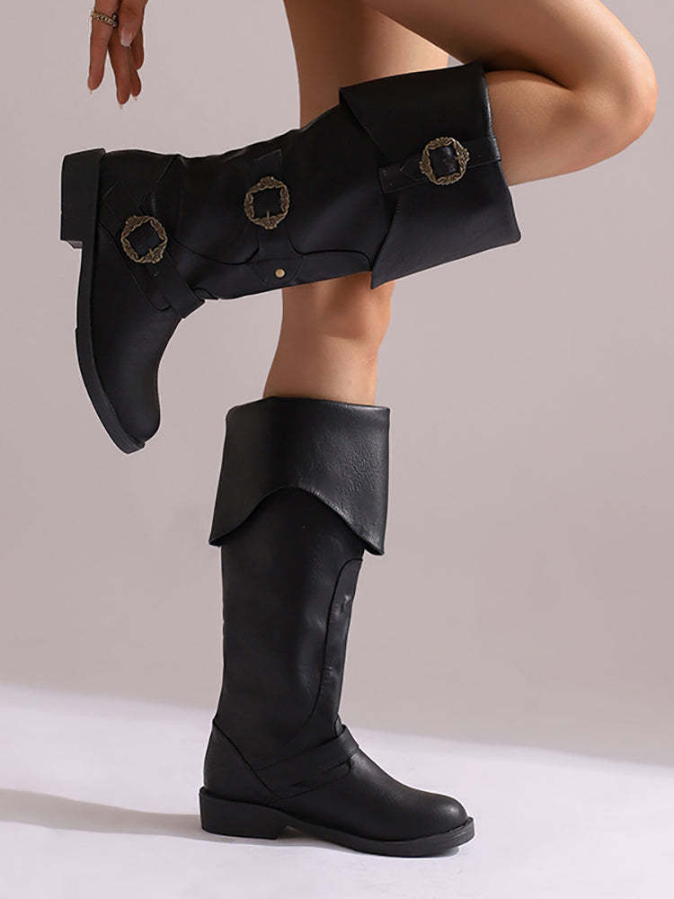 Plus Size Vintage Belted Low Heel Knee-High Boots | Boots