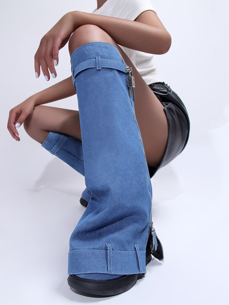 Western Platform Wedge Denim Boots