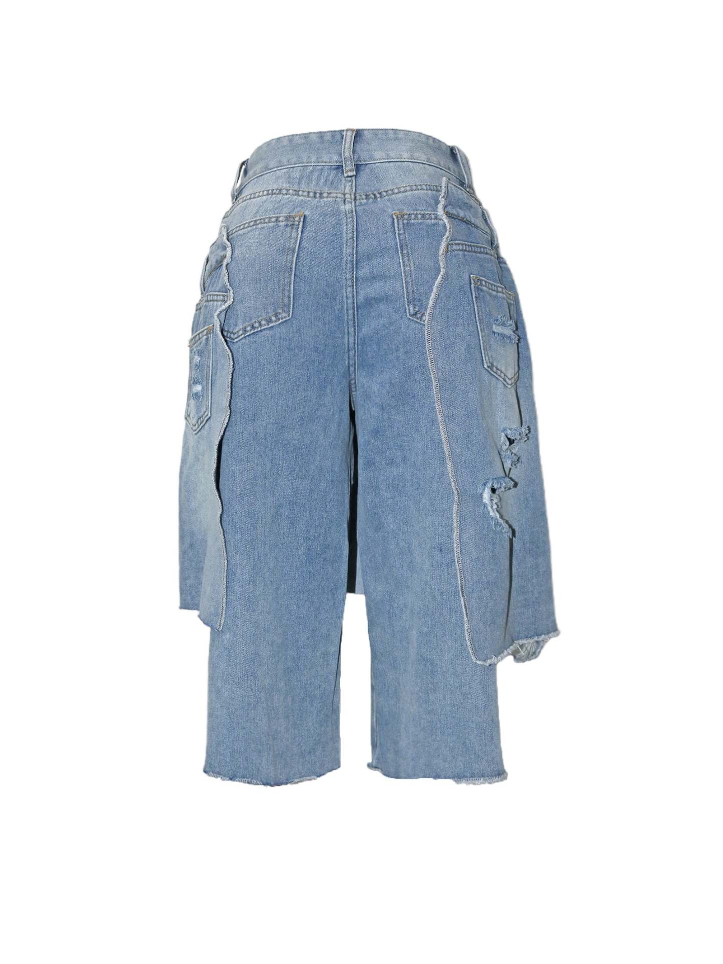 Asymmetrical Distressed Denim Capri Pants